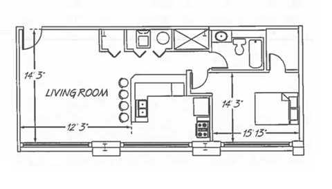 Floor plan for 1 bed, 1 bath, 648 sqft